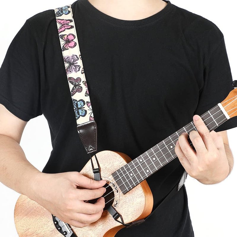 EYESHOT Ukulele Strap No Drill, Adjustable Double J Hook Clip on Uke Shoulder Strap, Hawaiian Butterfly Printing Hands Free Ukelele Strap, Easy to Use and Fit Most Standard Uke Sizes - Image 2